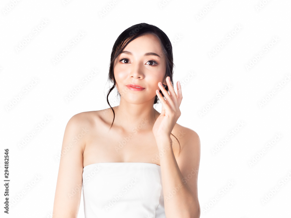 portrait asian beautiful woman.Closeup beauty skin face and hand touching face young girl.isolated white background portrait asian beautiful woman.Closeup beauty skin face and hand touching face young girl.isolated white background