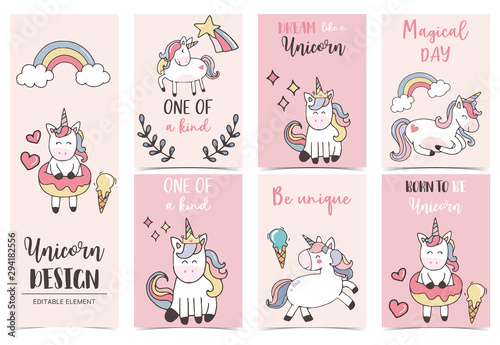 Collection of unicorn background set with rainbow,unicorn.Vector illustration for birthday invitation,postcard and sticker.Editable element