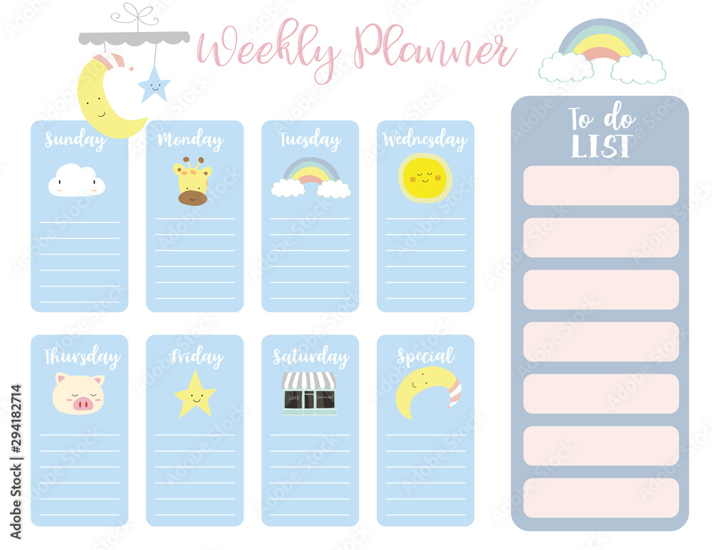 cute weekly planner background with sun,rainbow,rain,cloud.Vector ...