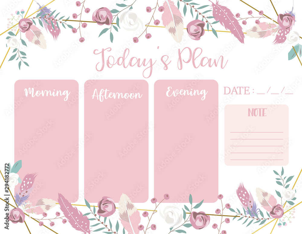 cute weekly planner background with feather,rose,geometric,flower.Vector illustration for kid and baby.Editable element