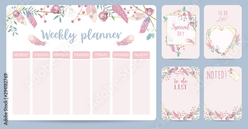 cute weekly planner background with feather,rose,geometric,flower.Vector illustration for kid and baby.Editable element photo