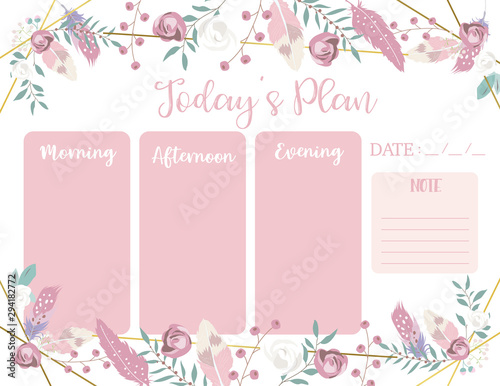 cute weekly planner background with feather,rose,geometric,flower.Vector illustration for kid and baby.Editable element