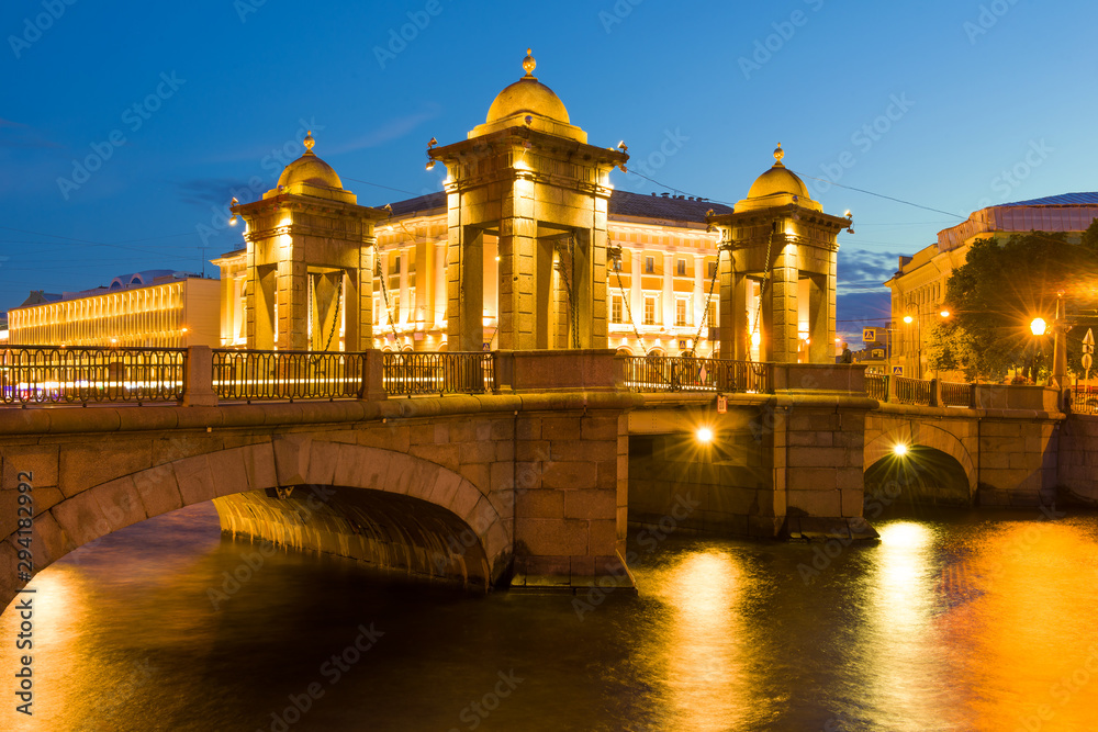 The old Lomonosov bridge close up on a June night. Saint-Petersburg, Russia