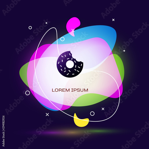 Black Donut with sweet glaze icon isolated on dark blue background. Abstract banner with liquid shapes. Vector Illustration