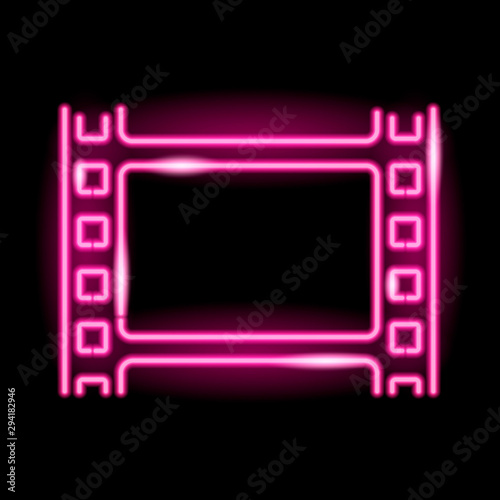 Neon filmstrip isolated on black background. Bright glowing film frame. Movie, cinema, photography concept. Vector 10 EPS illustration.