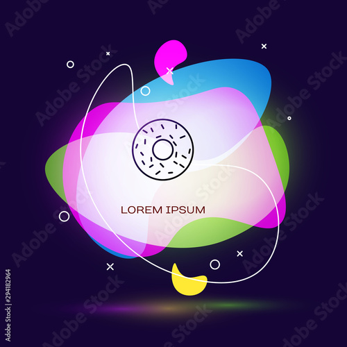 Black Donut with sweet glaze icon isolated on dark blue background. Abstract banner with liquid shapes. Vector Illustration