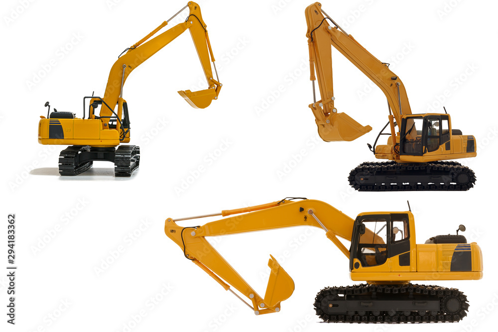 Yellow excavator loaders model with isolated on a white background Yellow excavator loaders model with isolated on a white background