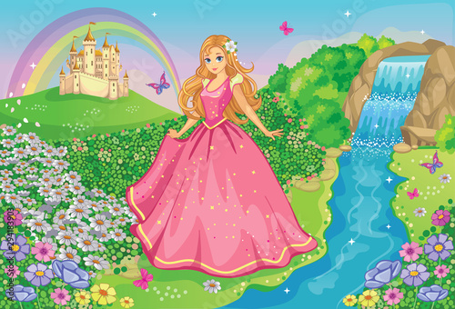 Beautiful Princess in a pink dress. Cute fairy. Fairytale background with flo...