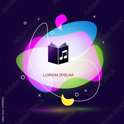 Black Audio book icon isolated on dark blue background. Musical note with book. Audio guide sign. Online learning concept. Abstract banner with liquid shapes. Vector Illustration