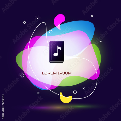 Black Audio book icon isolated on dark blue background. Musical note with book. Audio guide sign. Online learning concept. Abstract banner with liquid shapes. Vector Illustration