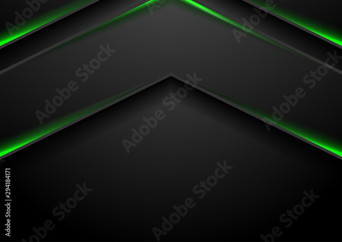 Abstract black arrows with green neon glowing light. Vector technology design