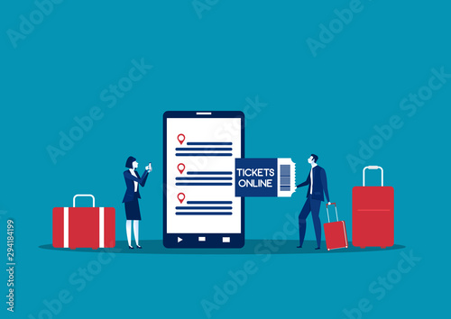 Women and man using mobile phone and booking  ticket.