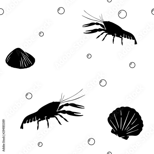 Seamless pattern with crawfish and shell isolated on white background; Monochrome sea objects; Vector endless background with black silhouettes of crayfish for fabric print, texture and wrapping paper