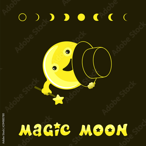 Moon phases, kawaii moon and magic show with magic hat. Cute comic with a waning moon and a waning moon. Vector illustration on a black background.