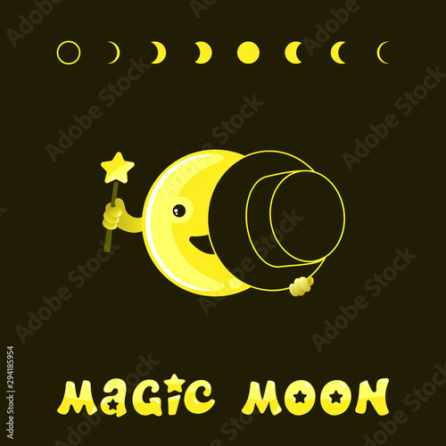 Moon phases, kawaii moon and magic show with magic hat. Cute comic with a waning moon and a waning moon. Vector illustration on a black background.