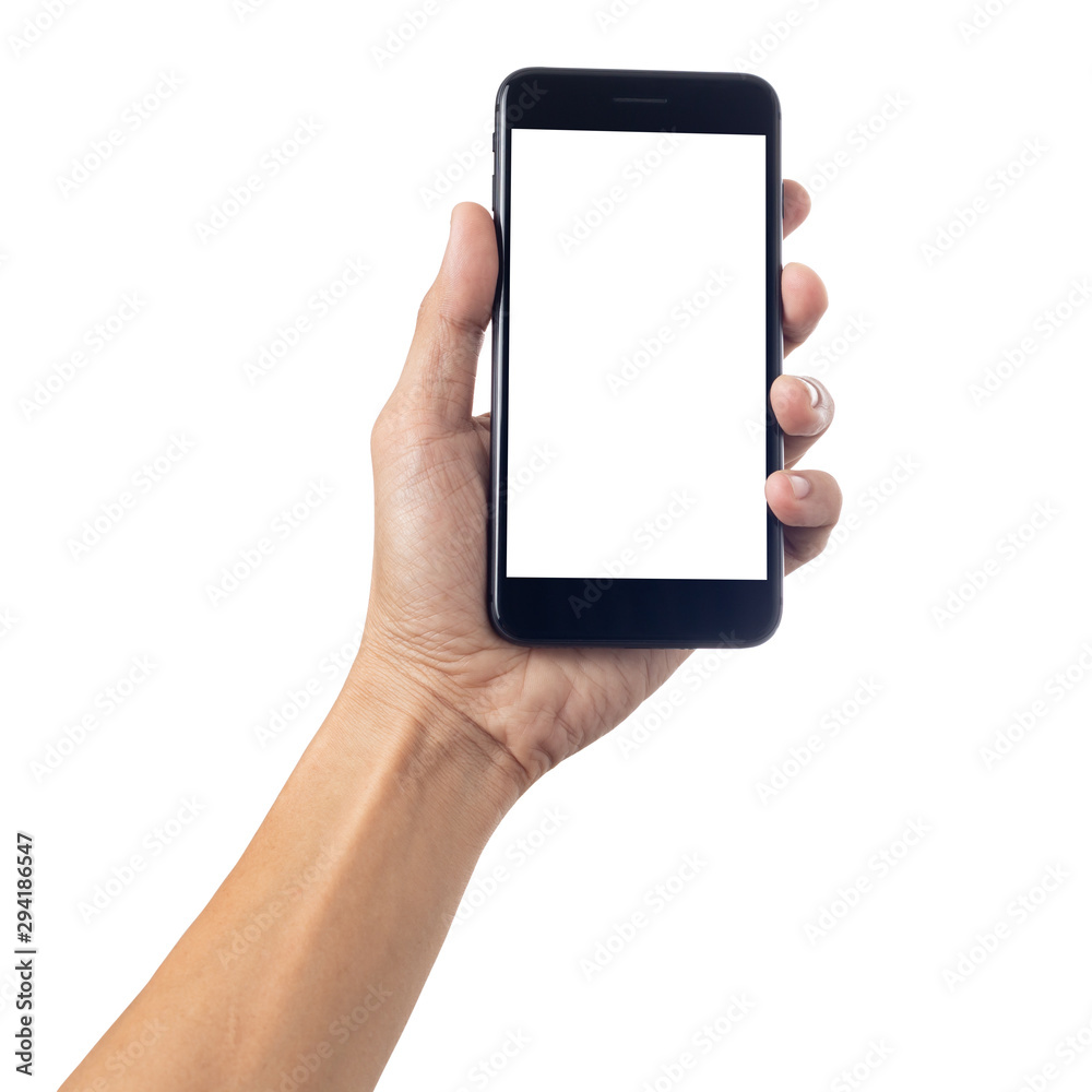 Hand man holding mobile smartphone with blank screen isolated on white background with clipping path Hand man holding mobile smartphone with blank screen isolated on white background with clipping path