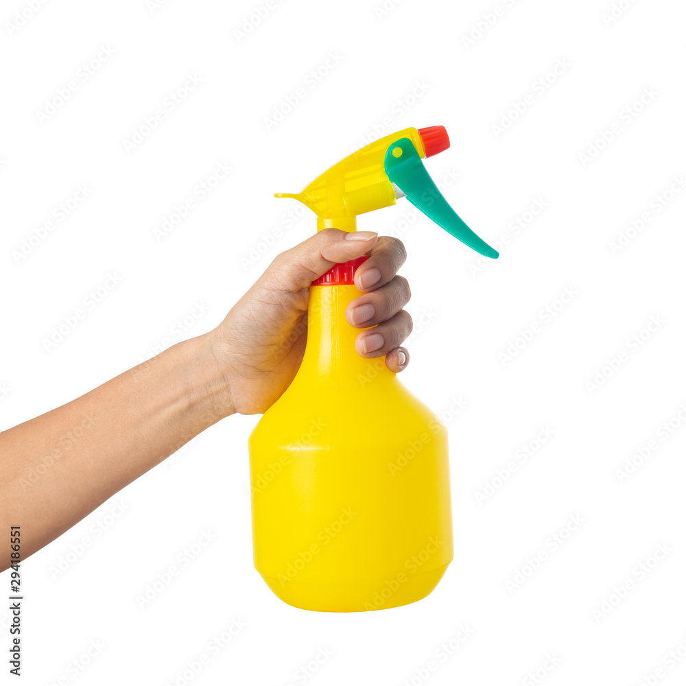 Woman hand holding a bottle sprayer water isolated on a white background Woman hand holding a bottle sprayer water isolated on a white background