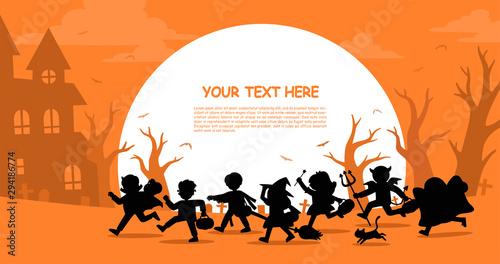 Children in Halloween fancy dress to go Trick or Treating.Template for advertising brochure. Happy Halloween.