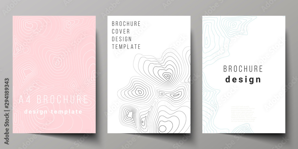 The vector layout of A4 format modern cover mockups design templates for brochure, magazine, flyer, booklet, annual report. Topographic contour map, abstract monochrome background.