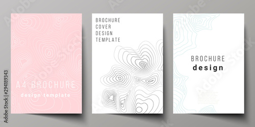The vector layout of A4 format modern cover mockups design templates for brochure, magazine, flyer, booklet, annual report. Topographic contour map, abstract monochrome background.