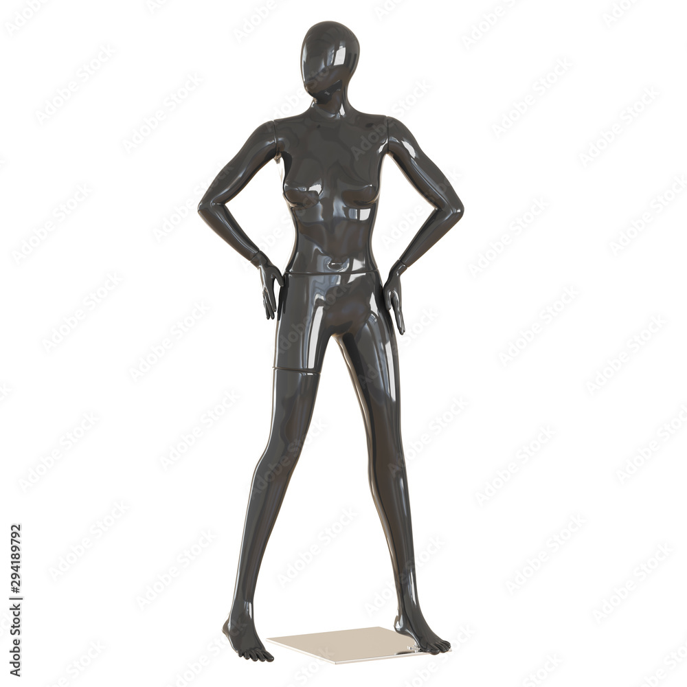 A black female mannequin stands on an iron mount on an isolated white background. 3D rendering