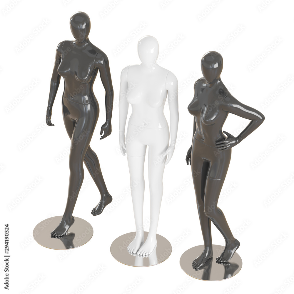 Two black female mannequin and one white between them on an isolated background .3d rendering Two black female mannequin and one white between them on an isolated background .3d rendering