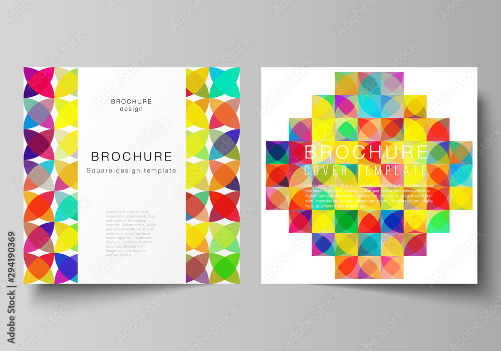 The minimal vector layout of two square format covers design templates for brochure, flyer, magazine. Abstract background, geometric mosaic pattern with bright circles, geometric shapes. The minimal vector layout of two square format covers design templates for brochure, flyer, magazine. Abstract background, geometric mosaic pattern with bright circles, geometric shapes.
