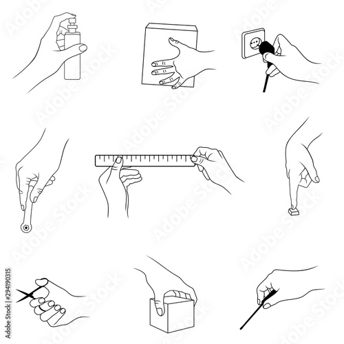 Vector set of outline, various hand actions and gestures, isolated, in black color, on white background.