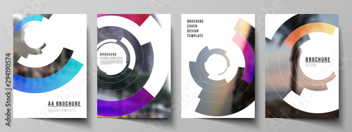 The vector layout of A4 format modern cover mockups design templates for brochure, magazine, flyer, report. Futuristic design circular pattern, circle elements forming geometric frame for photo.