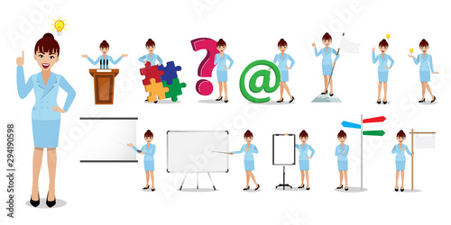 Businesswoman cartoon character set. Beautiful business woman in blue color suit on white background. Vector illustration