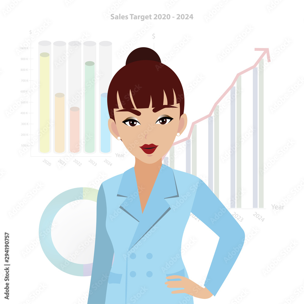 A business woman cartoon character in a blue suit office style with chart background vector A business woman cartoon character in a blue suit office style with chart background vector