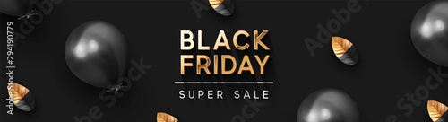 Black Friday Sale. Background with festive realistic balloons with bow, leaf petals painted black and gold. Elegant golden lettering in chic font. vector illustration
