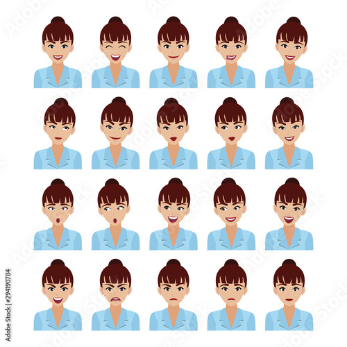 Business woman with different facial expressions set isolated ,beautiful business woman in office style smart suit in cartoon character style vector illustration