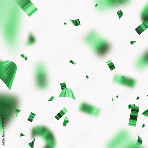 Falling shiny green confetti isolated on white background. Bright festive tinsel of metallic turquoise shade color.