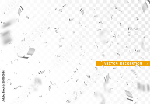 Falling shiny silver confetti isolated on transparent background. Bright festive tinsel of white color.