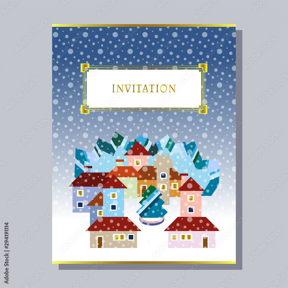 greeting invitation card template design with winter houses and graphic trees, design for banner, flyer, invitation, poster, web site or greeting card. Vector illustration greeting invitation card template design with winter houses and graphic trees, design for banner, flyer, invitation, poster, web site or greeting card. Vector illustration