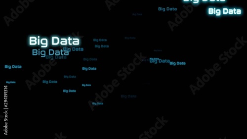 Big Data Wort Animation, neuronales Netz mit wechselnden Farben Datenverarbeitung und Textwolke sowie Informationsflut