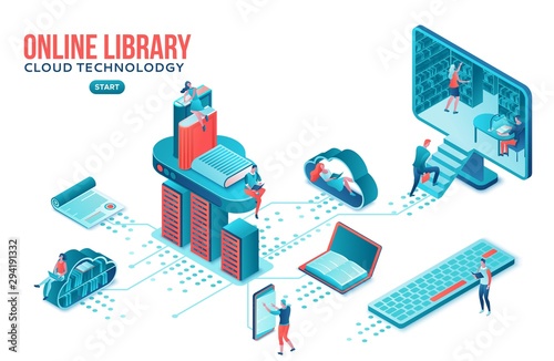 Online library isometric landing page, people read books on laptop, smartphone, gadgets, cloud computing technolodgy, website template design