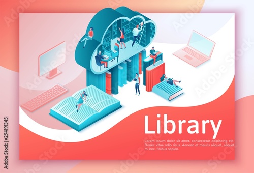 Online library isometric landing page, people read books on laptop, smartphone, gadgets, cloud computing technolodgy, website template design