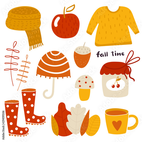 Autumn objects set. Cute hand drawn doodle fall objects including leaves