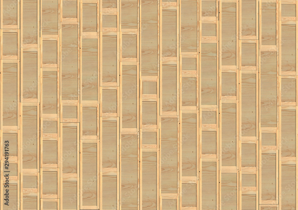 Many wooden window shutters stacked in a row to form a solid pattern or background. Texture of window sash blinds forming a wall decor. Creative decorative illustration. 3D rendering. Many wooden window shutters stacked in a row to form a solid pattern or background. Texture of window sash blinds forming a wall decor. Creative decorative illustration. 3D rendering.