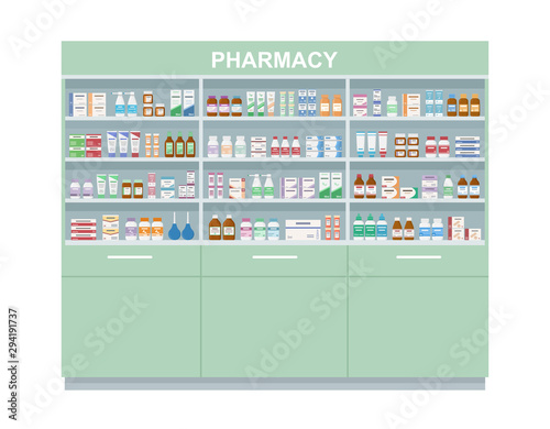 Pharmacy shelves with medicines. Large rack isolated on white background. Concept of pharmaceutics and medication. Vector illustration. 