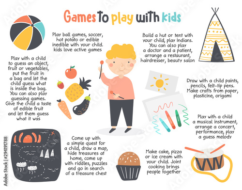 Games to play with kids infographic. Leisure ideas for children.