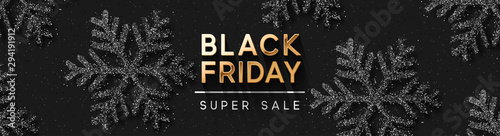 Black Friday Super Sale. Pattern with Shining silver Snowflakes. Dark background golden text lettering. Horizontal banner, poster, header website. vector illustration