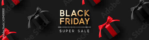 Black Friday Super Sale. Realistic black gifts boxes. Pattern with gift box with red bow. Dark background golden text lettering. Horizontal banner, poster, header website. vector illustration