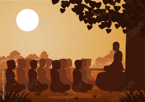 Buddhist women and men pay train meditation with monk to come to peace and out of suffer under the tree