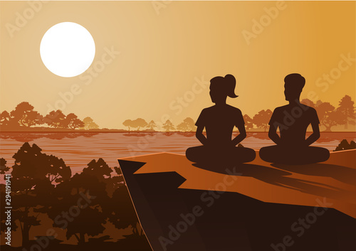 Buddhist woman and man train meditation to come to peace and out of suffer under the tree