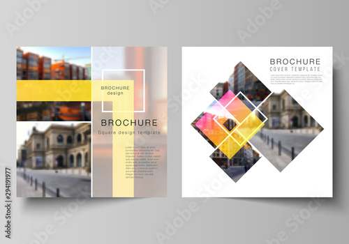 The minimal vector illustration of editable layout of two square format covers design templates for brochure, flyer, magazine. Creative trendy style mockups, blue color trendy design backgrounds.