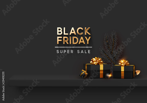 Black Friday Super Sale. Shelf and podium with realistic black gifts boxes with gold bows. Dark background golden text lettering. vector illustration
