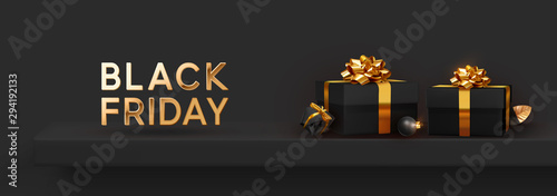 Black Friday Super Sale. Shelf and podium with realistic black gifts boxes with gold bows. Dark background golden text lettering. Horizontal banner, poster, header website. vector illustration